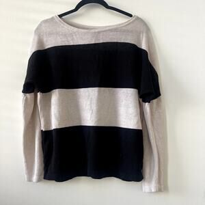 Sarah Pacini Linen Knit White Black Striped Boat Neck Top - One Size